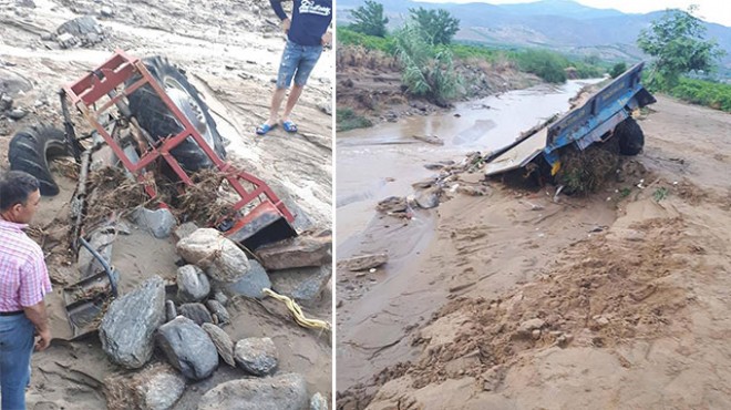 Alaşehir'de sel suları 2 traktörü yuttu